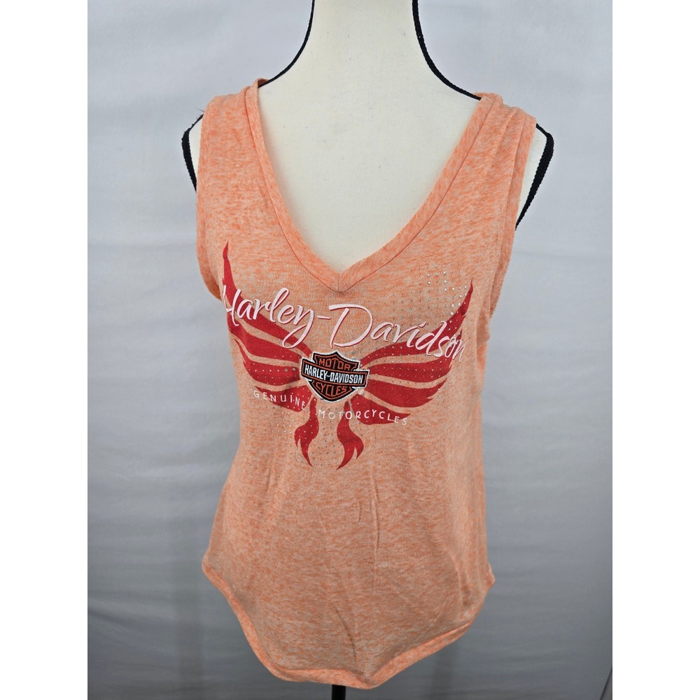 Harley-Davidson Womens Orange Winged Logo V-Neck Tank Top Large Winston-Salem NC